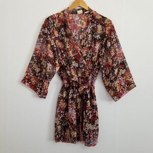 Vintage Murano Sleepwear Boho Floral Wrap Semi Sheer Robe Kimono Top Size Large